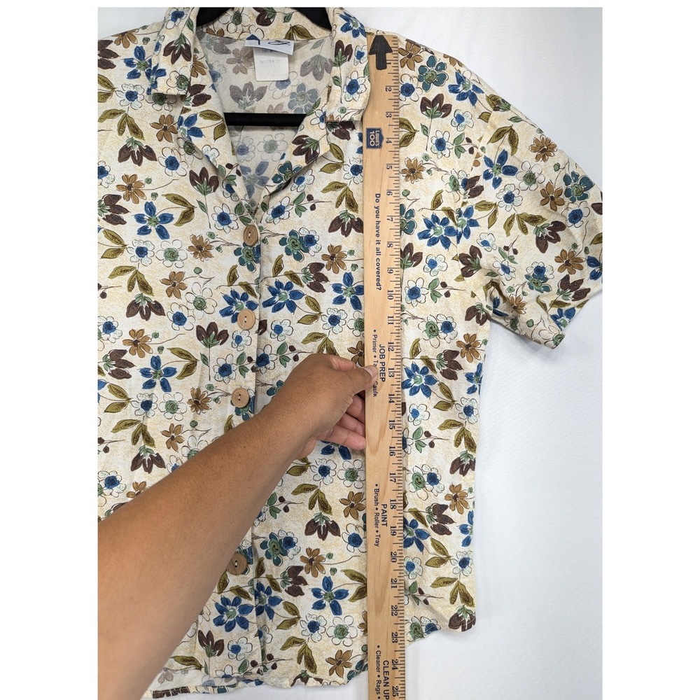 Tag Womens Floral Rayon Short Sleeve Button Up Shirt Blue Brown Cream Small - Picture 5 of 11